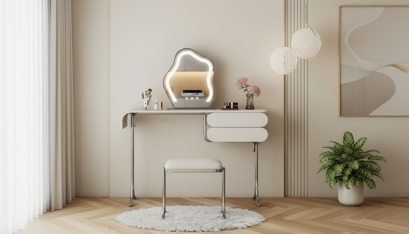 Minimalist 2-Drawer Vanity Dresser Set: Mirror + Stool